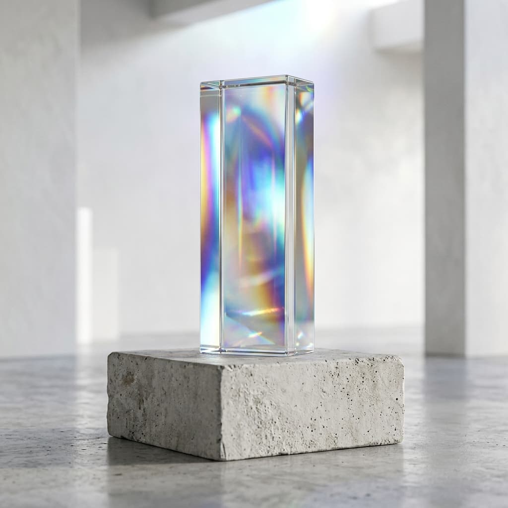 An iridescent glass sculpture on a stone plinth, reflecting the studio's considered approach to craft